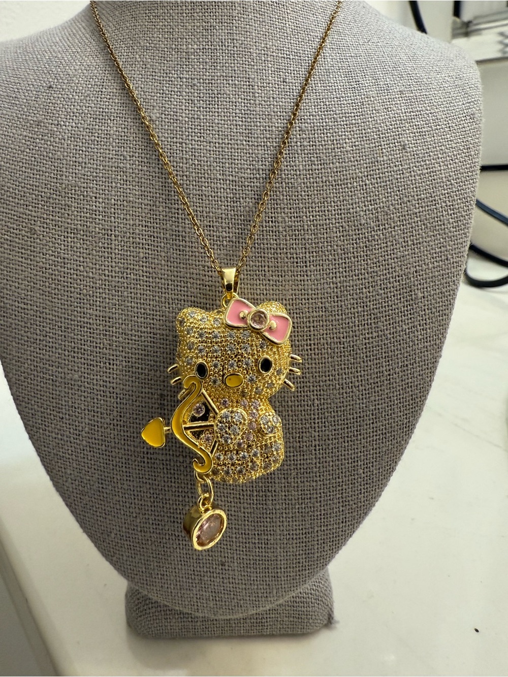 Gold Pink Bow Cute Cat Pendant Necklace